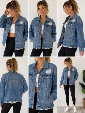Forever 21 Distressed Oversized Denim Jean Jacket Ripped Trucker Blue M